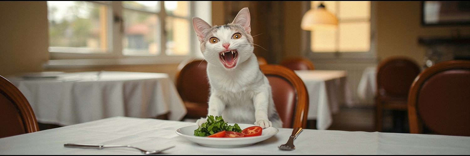 A white cat sits upright at a dinner table, paws on the tablecloth, in front of a plate of salad, mouth open in dismay.